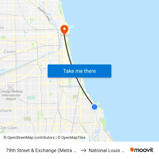 79th Street & Exchange (Metra Station) (West) to National Louis University map