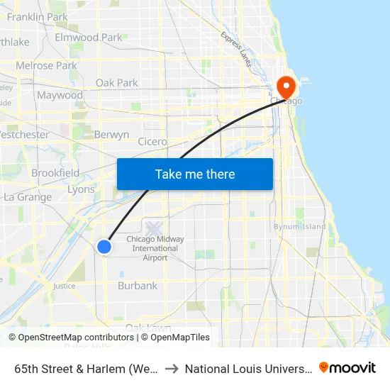 65th Street & Harlem (West) to National Louis University map
