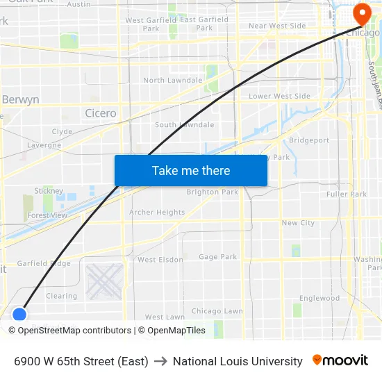 6900 W 65th Street (East) to National Louis University map