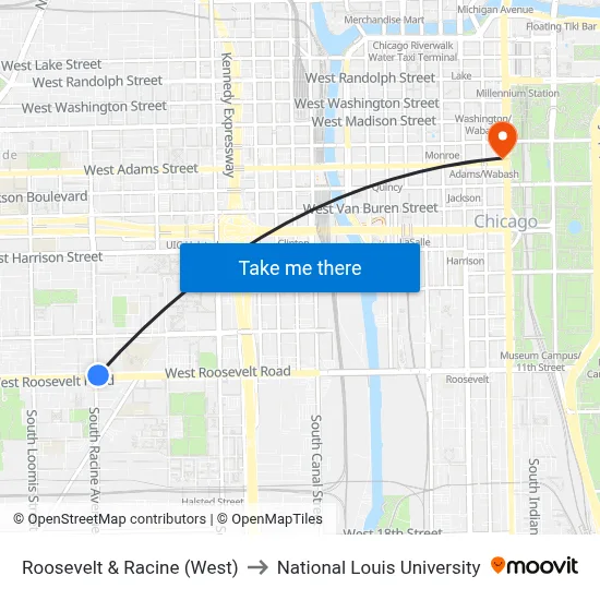 Roosevelt & Racine (West) to National Louis University map