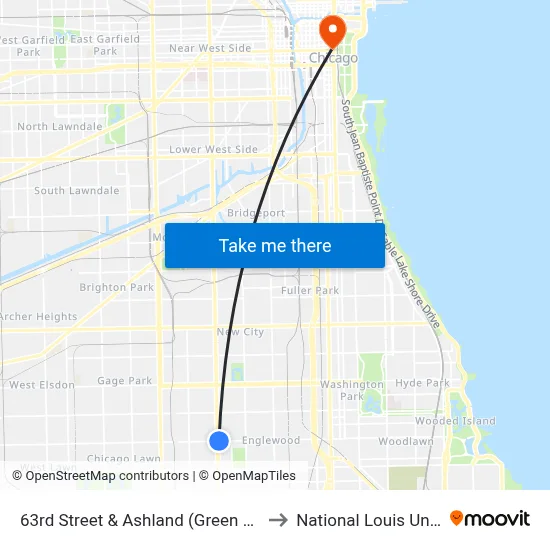 63rd Street & Ashland (Green Line) (East) to National Louis University map