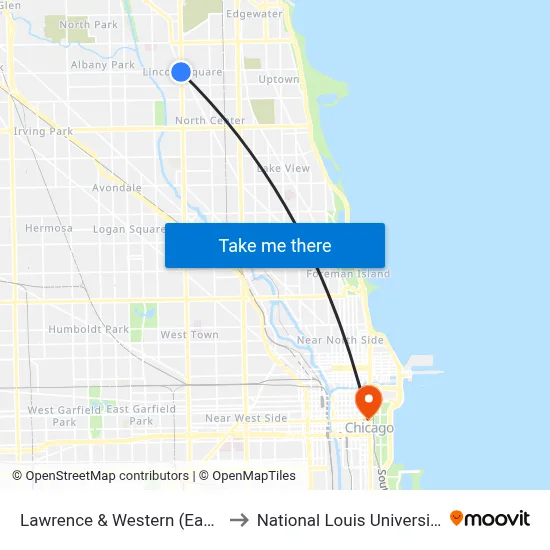 Lawrence & Western (East) to National Louis University map