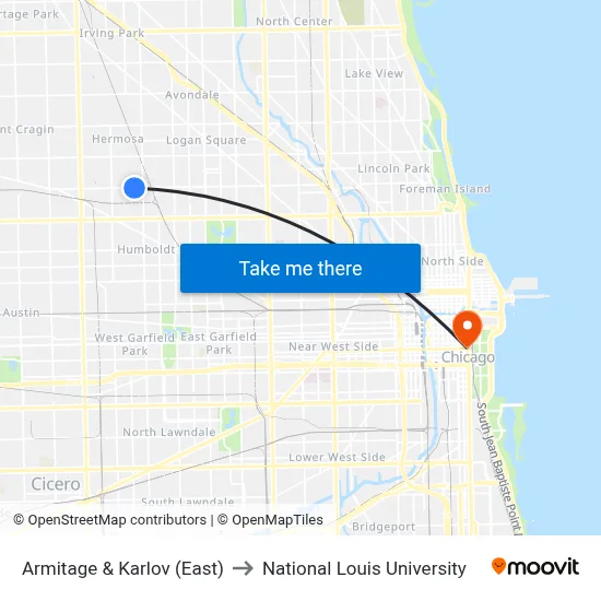 Armitage & Karlov (East) to National Louis University map