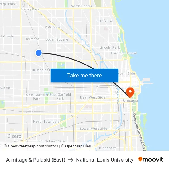 Armitage & Pulaski (East) to National Louis University map
