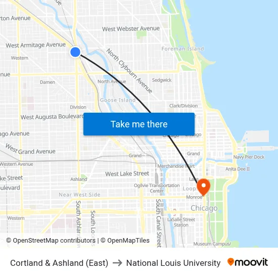 Cortland & Ashland (East) to National Louis University map