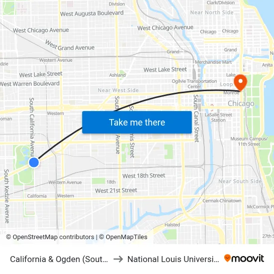 California & Ogden (South) to National Louis University map