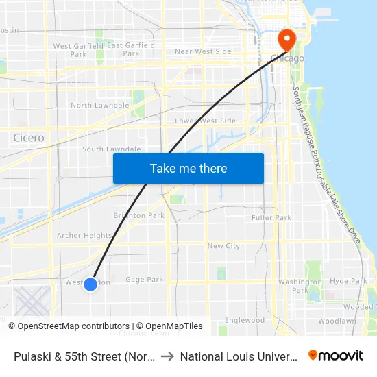 Pulaski & 55th Street (North) to National Louis University map