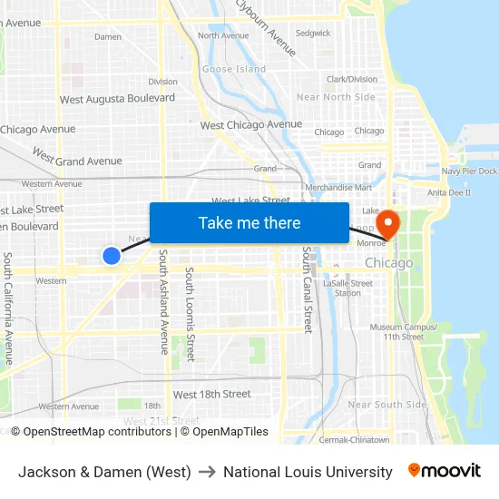 Jackson & Damen (West) to National Louis University map