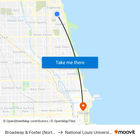 Broadway & Foster (North) to National Louis University map