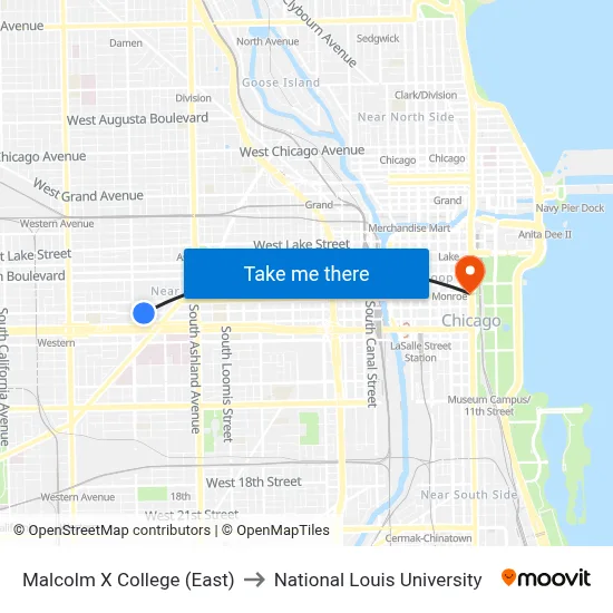 Malcolm X College (East) to National Louis University map