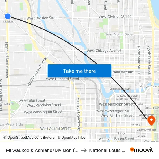 Milwaukee & Ashland/Division (Blue Line) (Nw) to National Louis University map