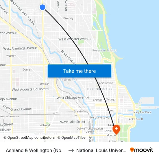 Ashland & Wellington (North) to National Louis University map