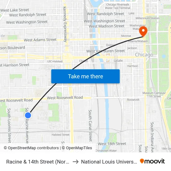 Racine & 14th Street (North) to National Louis University map