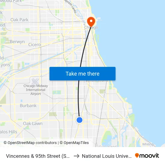 Vincennes & 95th Street (South) to National Louis University map