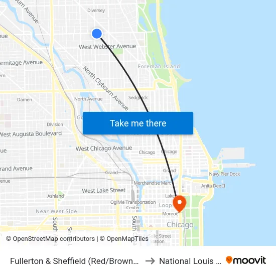 Fullerton & Sheffield (Red/Brown/Purple Line) (East) to National Louis University map