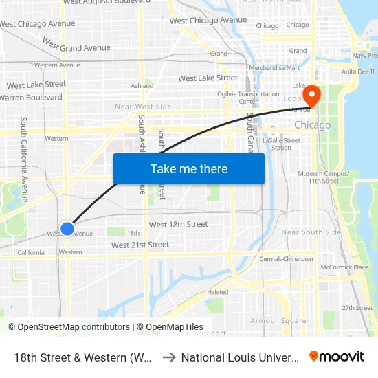 18th Street & Western (West) to National Louis University map