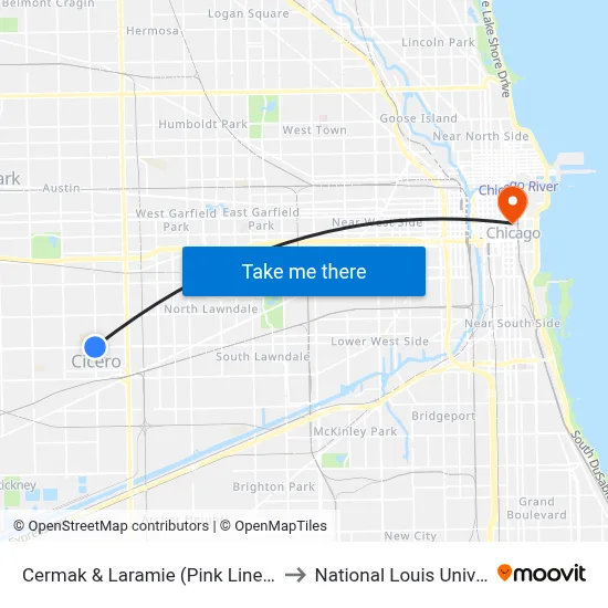 Cermak & Laramie (Pink Line) (East) to National Louis University map
