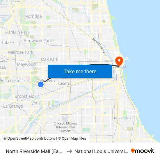 North Riverside Mall (East) to National Louis University map
