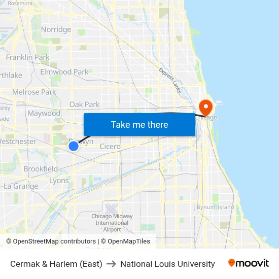 Cermak & Harlem (East) to National Louis University map