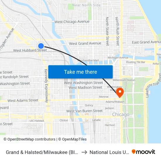 Grand & Halsted/Milwaukee (Blue Line) (East) to National Louis University map