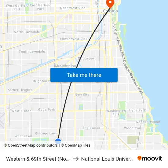 Western & 69th Street (North) to National Louis University map