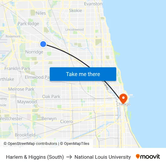 Harlem & Higgins (South) to National Louis University map