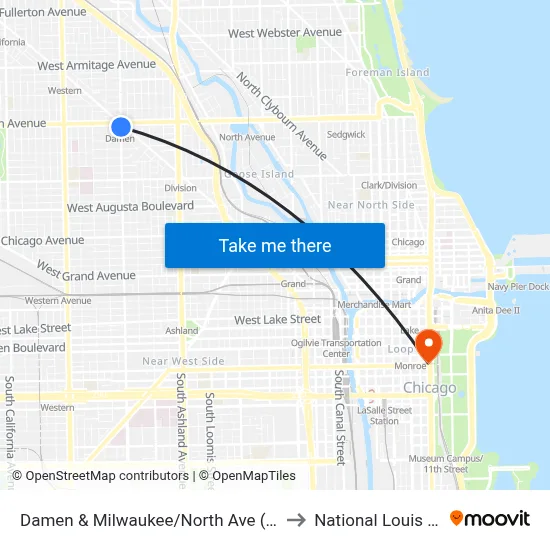 Damen & Milwaukee/North Ave (Blue Line) (North) to National Louis University map