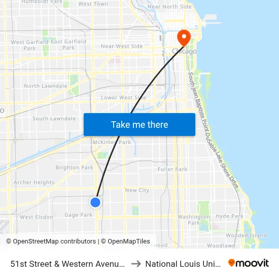 51st Street & Western Avenue (West) to National Louis University map