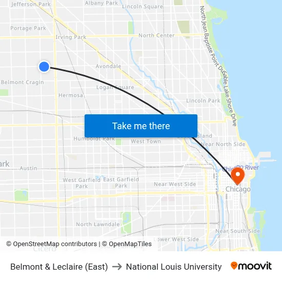 Belmont & Leclaire (East) to National Louis University map