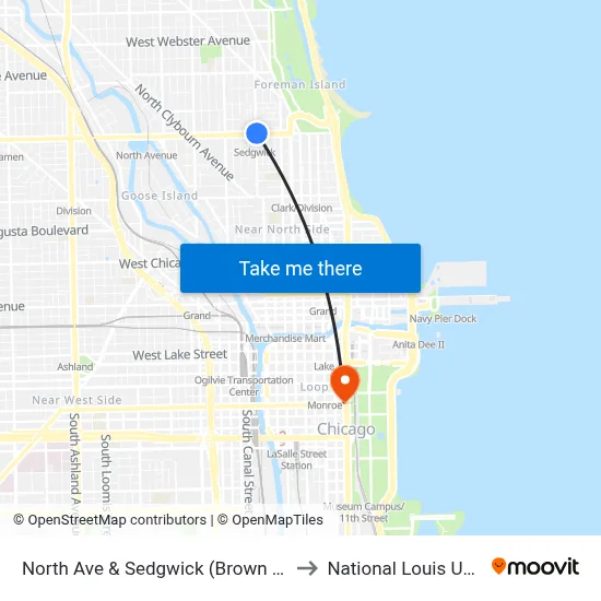 North Ave & Sedgwick (Brown Line) (West) to National Louis University map