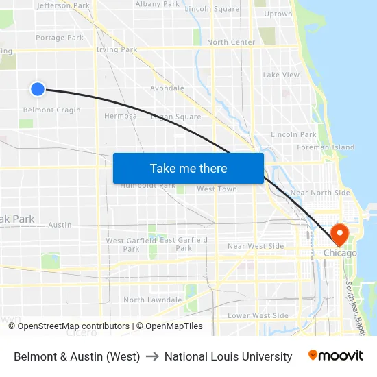 Belmont & Austin (West) to National Louis University map
