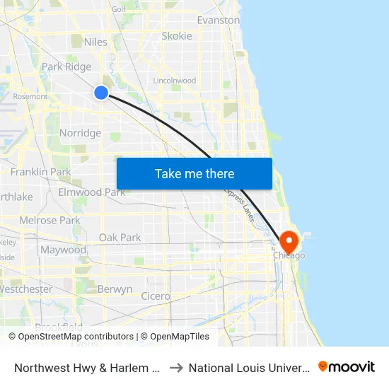 Northwest Hwy & Harlem (Se) to National Louis University map