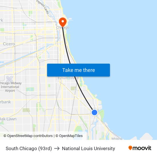 South Chicago (93rd) to National Louis University map