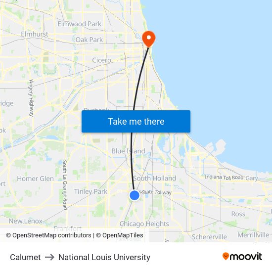 Calumet to National Louis University map