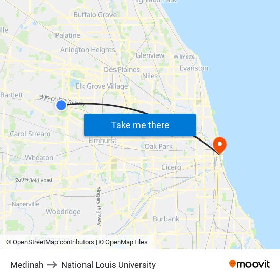 Medinah to National Louis University map