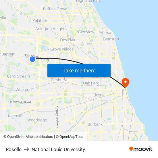 Roselle to National Louis University map