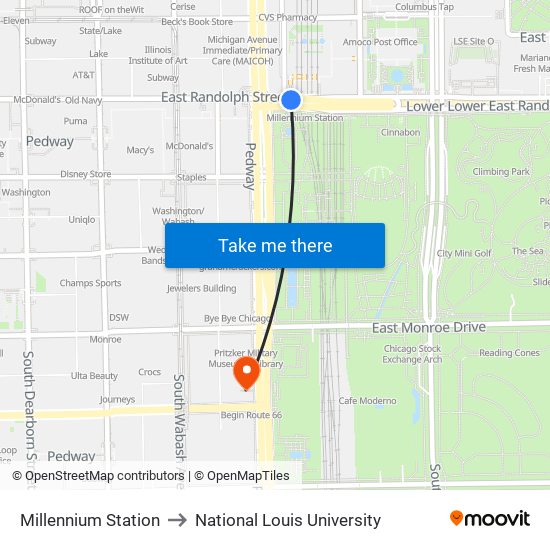 Millennium Station to National Louis University map