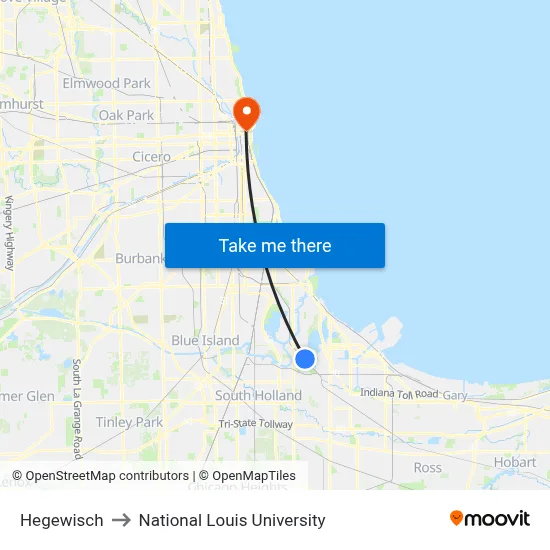 Hegewisch to National Louis University map