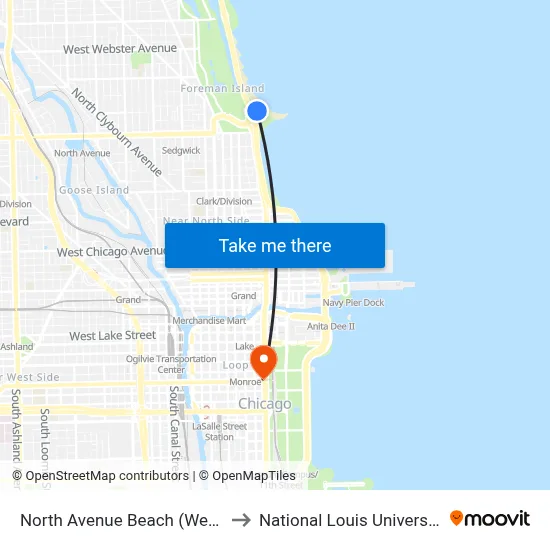 North Avenue Beach (West) to National Louis University map
