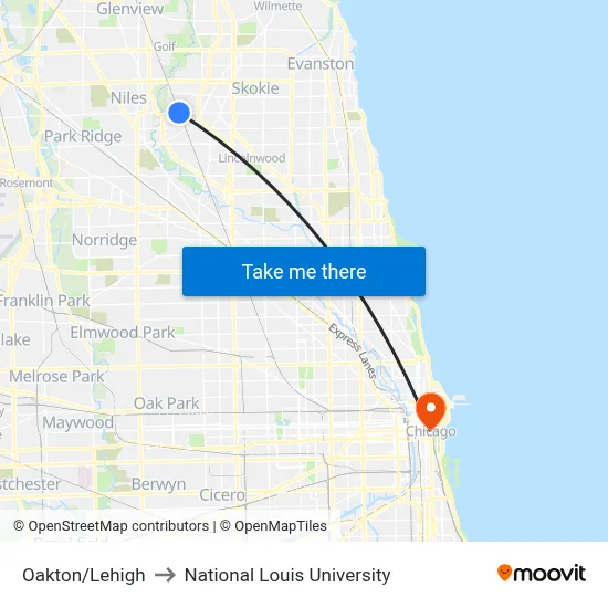Oakton/Lehigh to National Louis University map