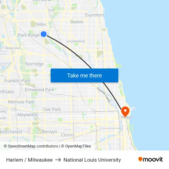 Harlem / Milwaukee to National Louis University map