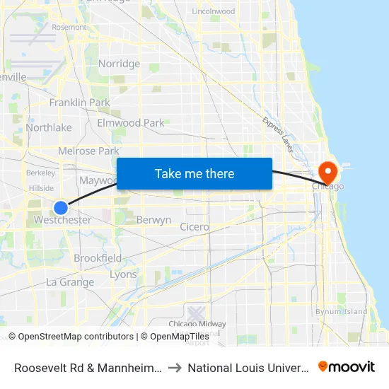 Roosevelt Rd & Mannheim Rd to National Louis University map