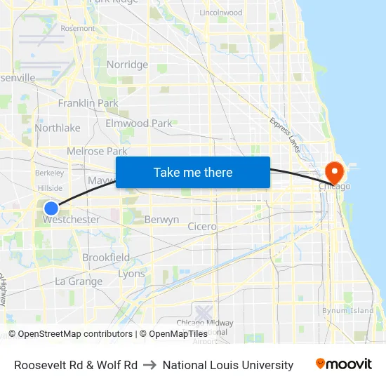 Roosevelt Rd & Wolf Rd to National Louis University map