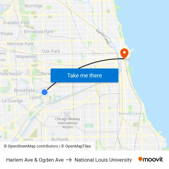Harlem Ave & Ogden Ave to National Louis University map
