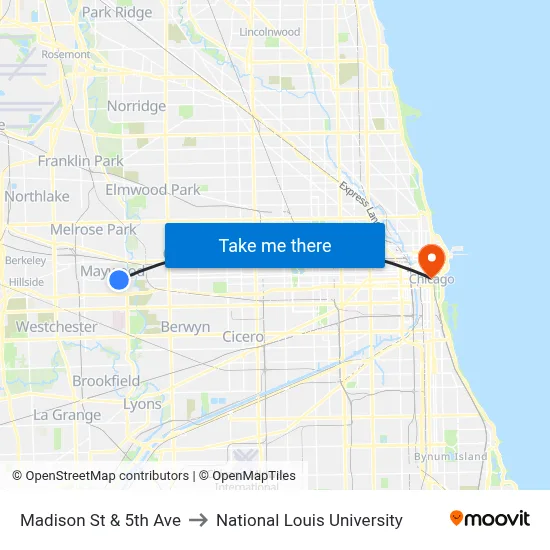 Madison St & 5th Ave to National Louis University map