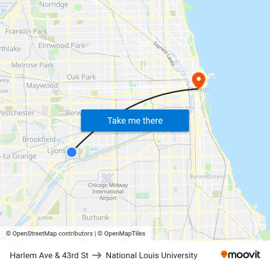 Harlem Ave & 43rd St to National Louis University map