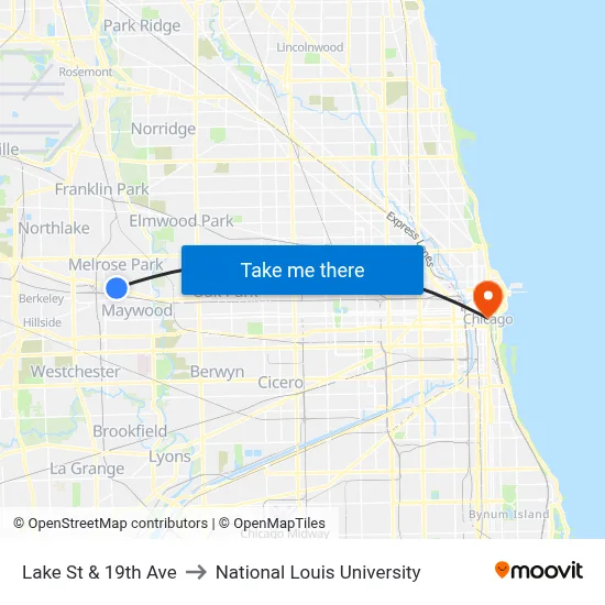 Lake St & 19th Ave to National Louis University map