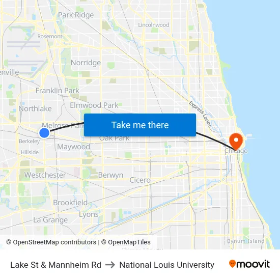 Lake St & Mannheim Rd to National Louis University map