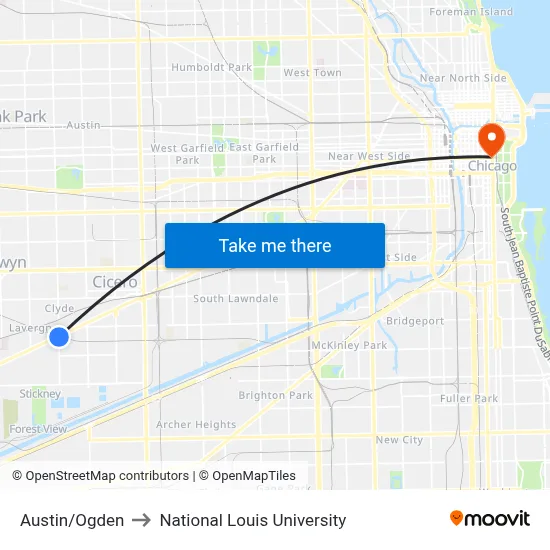 Austin/Ogden to National Louis University map