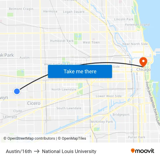 Austin/16th to National Louis University map